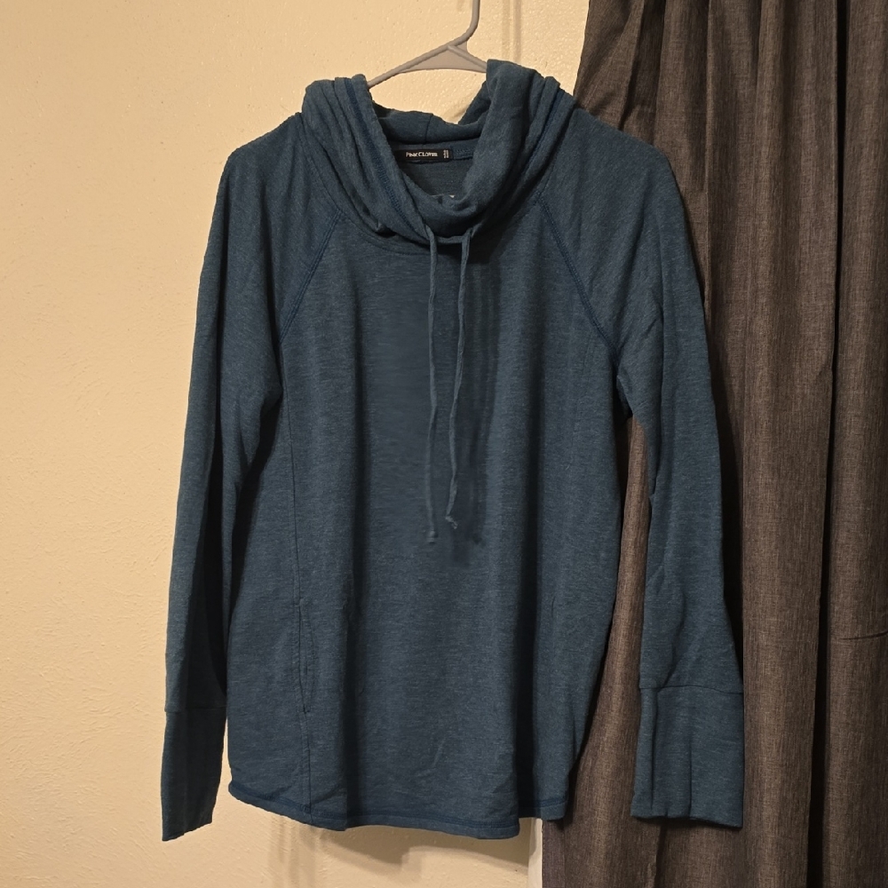 Pink Clover Teal Blue Drawstring Cowl Neck Sweatshirt